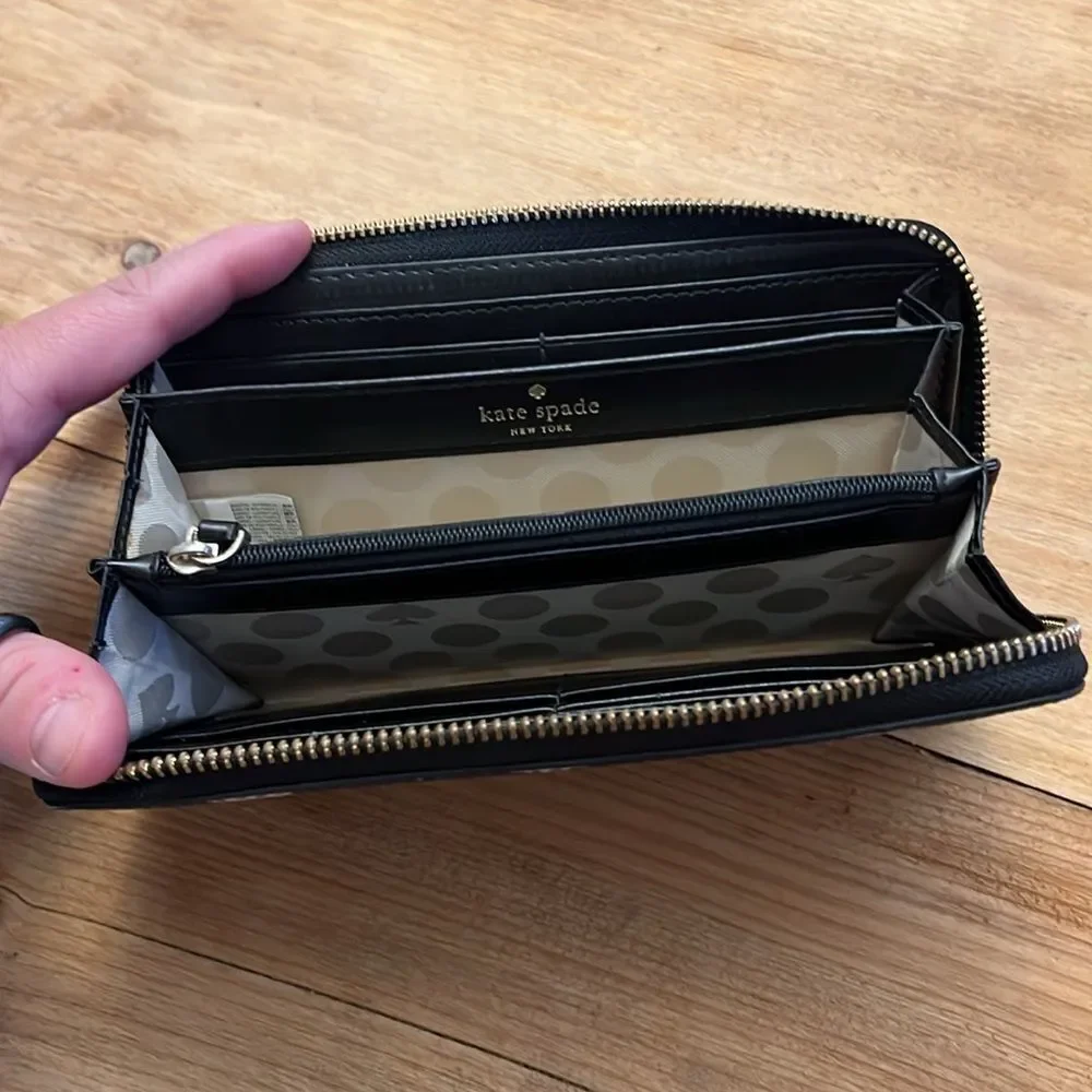 Kate Spade Polka Dot Wallet Black and Cream Coated Canvas Accordion Long Wallet